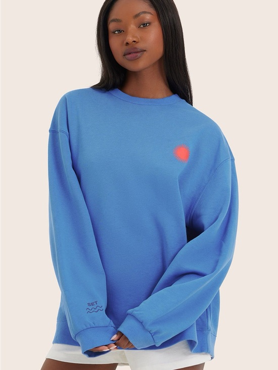 SET Active Tops - SET Active Blue Crewneck Sweatshirt with Coral Sunburst Resort Collection